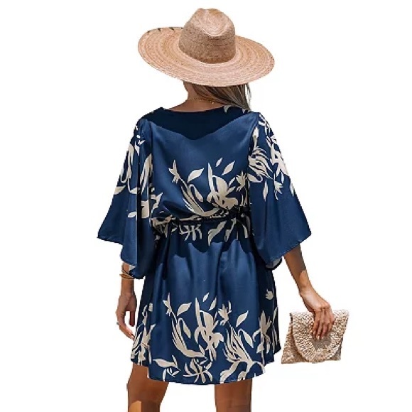 Hayden Green Floral Print Satin Dolman Sleeve Mini Dress - Picture 2 of 4